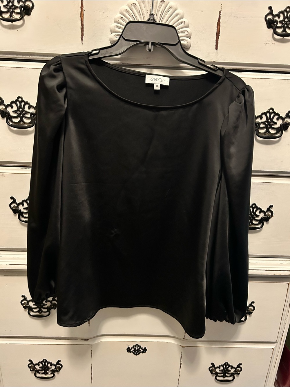 S’EDGE Black Satin Puff-Sleeve Blouse